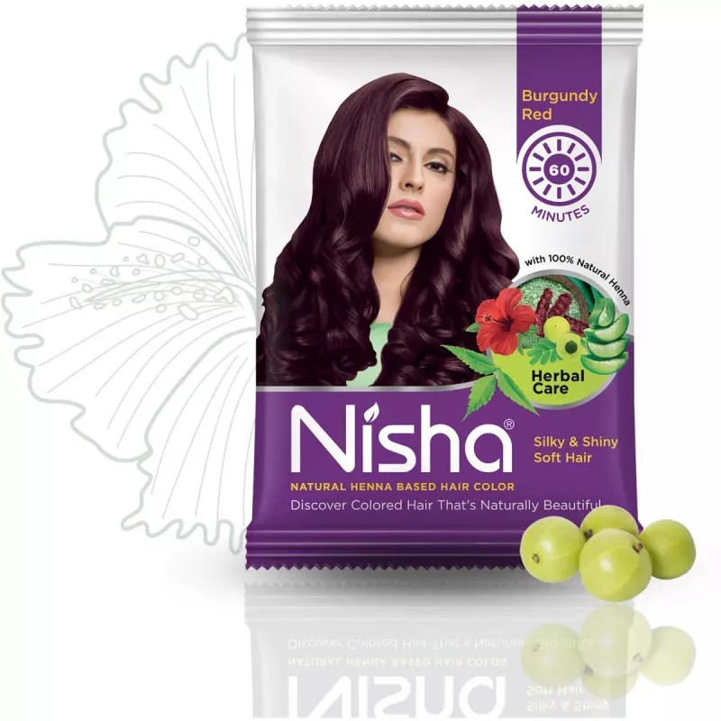 Nisha Henna Based Hair Color Burgundy Powder (15g, Pack of 10)