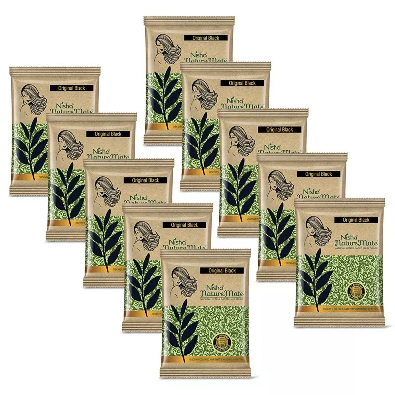 Nisha Nature Mate Henna Based Hair Color Original Black Powder (10g, Pack of 10)