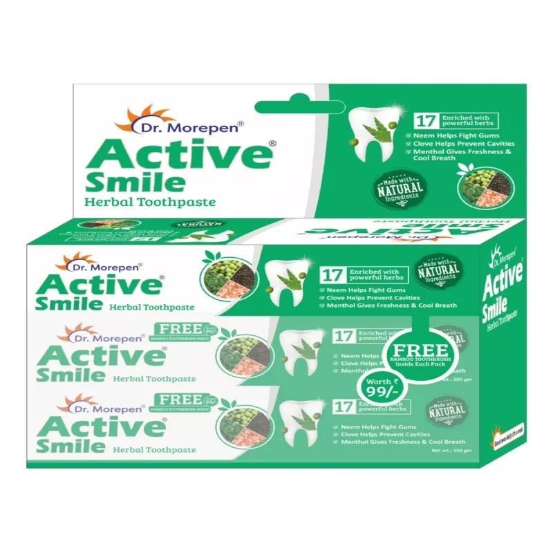 Dr Morepen Active Smile Toothpaste With Free Bamboo Brush (100g, Pack of 6)