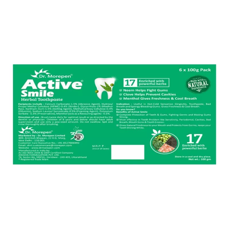 Dr Morepen Active Smile Toothpaste With Free Bamboo Brush (100g, Pack of 6)