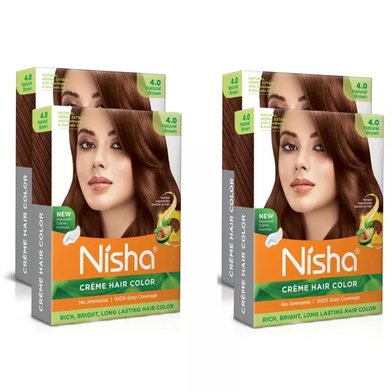 Nisha Creme Hair Color 4.0 Natural Brown (Colorant 20g + Developer 20ml) (1Pack, Pack of 4)