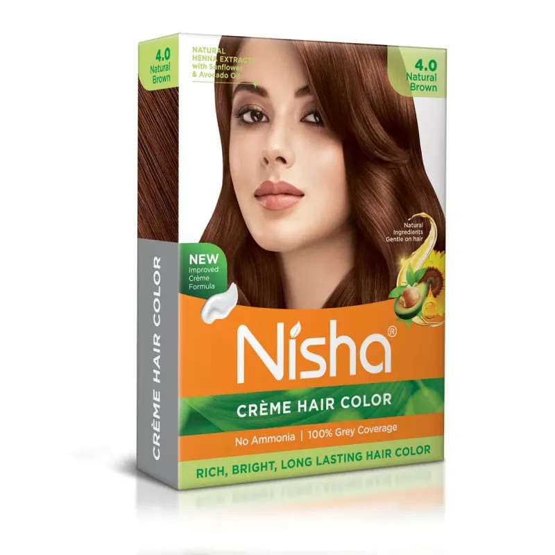 Nisha Creme Hair Color 4.0 Natural Brown (Colorant 20g + Developer 20ml) (1Pack, Pack of 4)