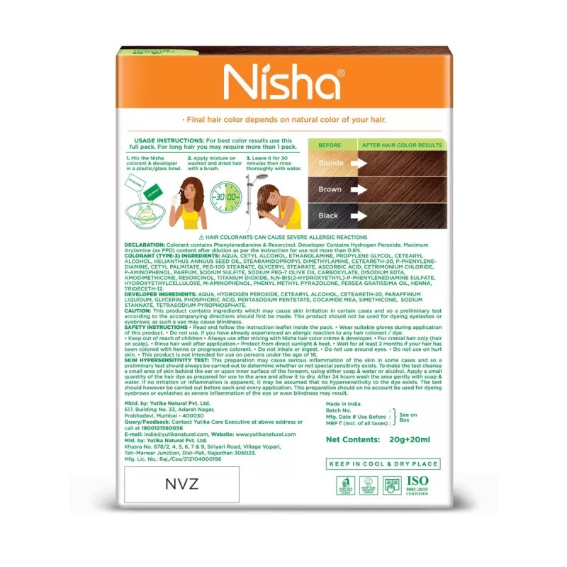 Nisha Creme Hair Color 4.0 Natural Brown (Colorant 20g + Developer 20ml) (1Pack, Pack of 6)