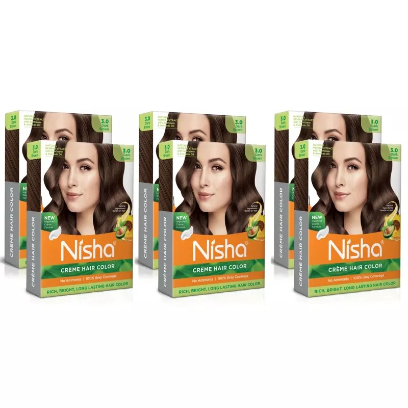 Nisha Creme Hair Color 3.0 Dark Brown (Colorant 20g + Developer 20ml) (1Pack, Pack of 6)