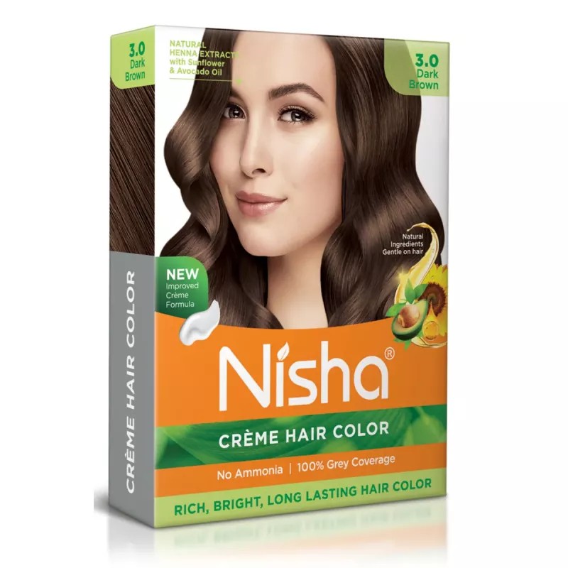 Nisha Creme Hair Color 3.0 Dark Brown (Colorant 20g + Developer 20ml) (1Pack, Pack of 6)
