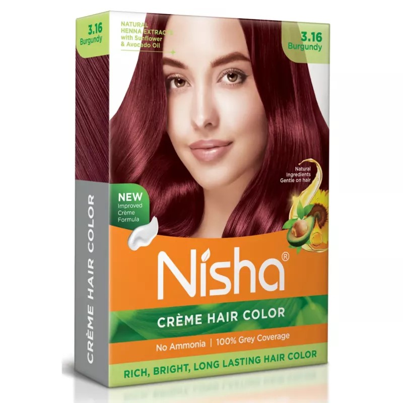 Nisha Creme Hair Color 3.16 Burgundy (Colorant 20g + Developer 20ml) (1Pack, Pack of 6)