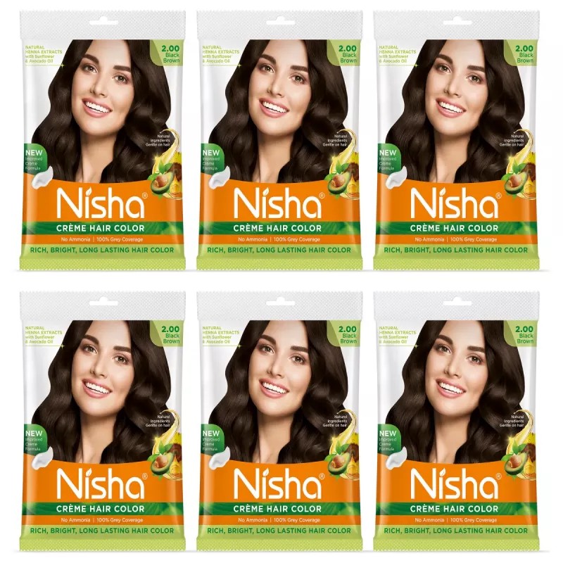 Nisha Creme Hair Color 2.0 Orignal Black (Colorant 20g + Developer 20ml) (1Pack, Pack of 6)