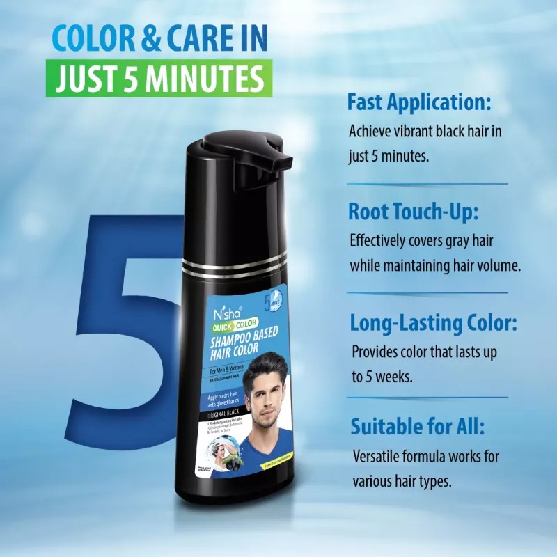 Nisha 5 Minutes Quick Hair Color Shampoo Original Black Each Box (90ml Colorant + 90ml Developer) (1Pack)