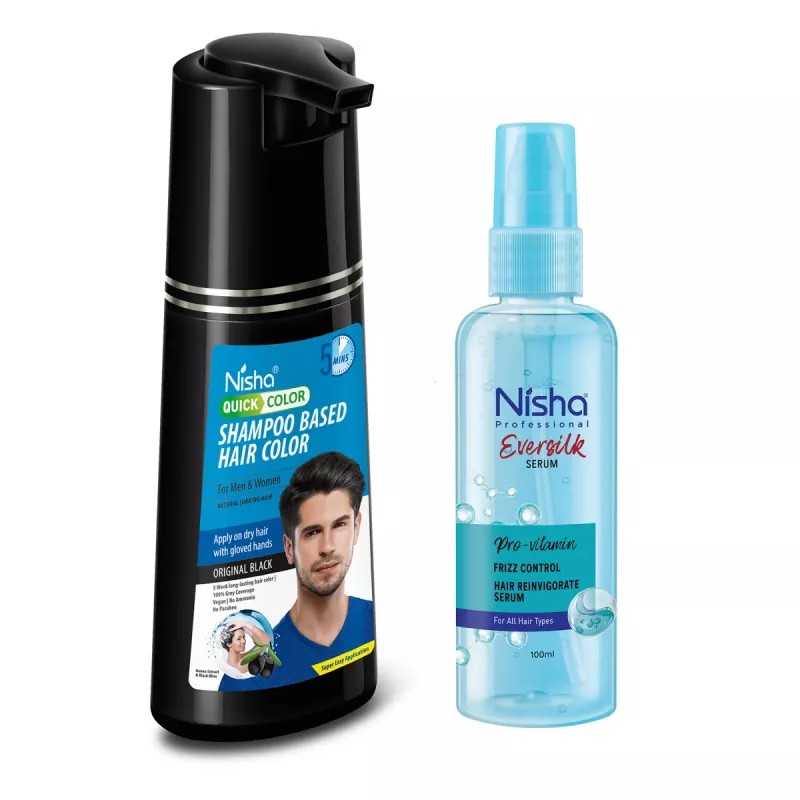 Nisha 5 Minutes Shampoo Hair Colour Original Black And Pro Vitamin Hair Serum (Shampoo 180ml + Oil Serum 100ml) (1Pack)