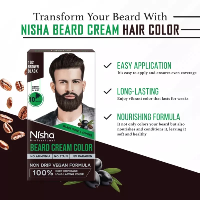 Nisha Beard Cream Color For Men 102 Black Brown (Developer 60g + Colorant 60ml) (120g)