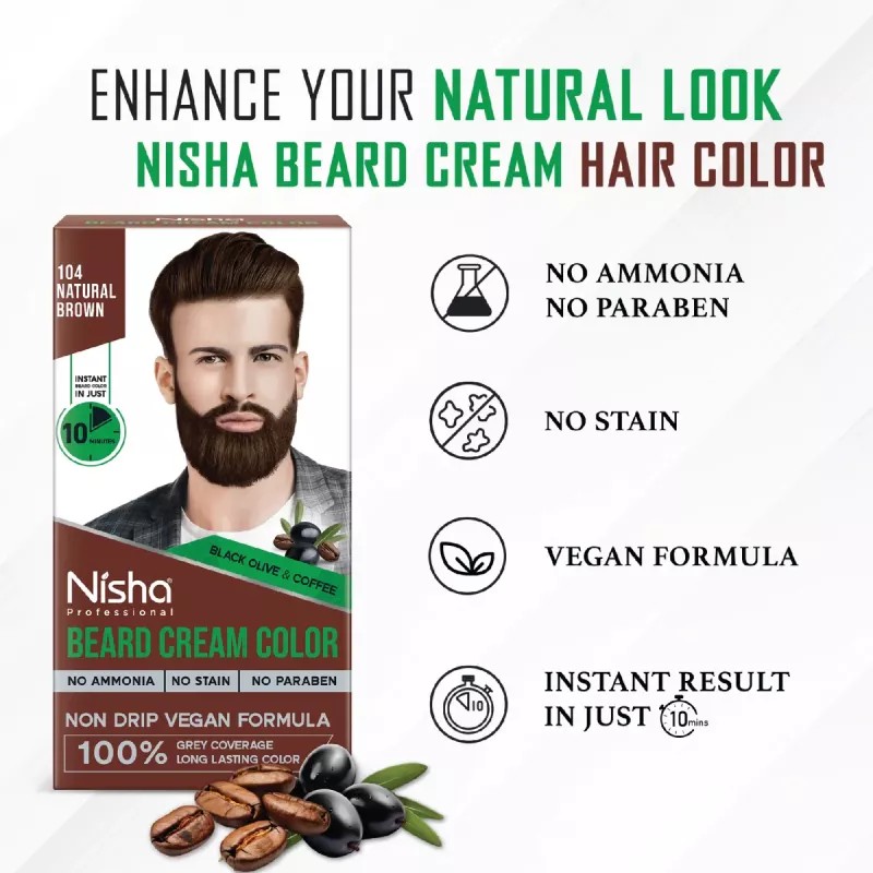 Nisha Beard Cream Color For Men 104 Natural Brown (Developer 60g + Colorant 60ml) (120g)