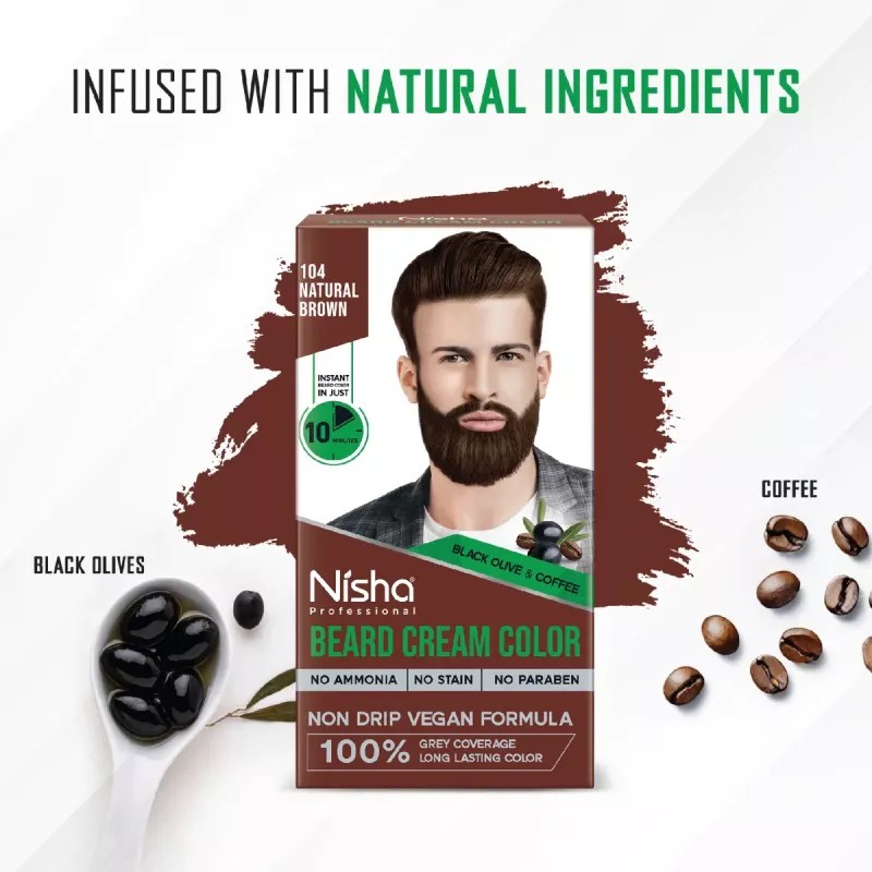 Nisha Beard Cream Color For Men 104 Natural Brown (Developer 60g + Colorant 60ml) (120g)
