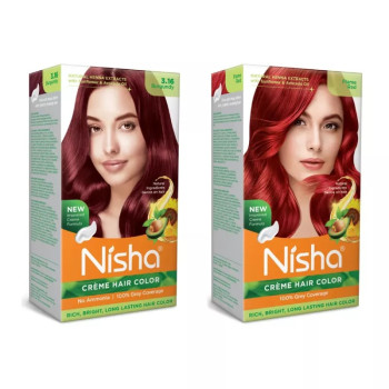Nisha Creme Hair Color Combo Burgundy And Flame Red (Each (Color Cream 60g + Developer 60 + Conditioner 6ml) (1Pack)
