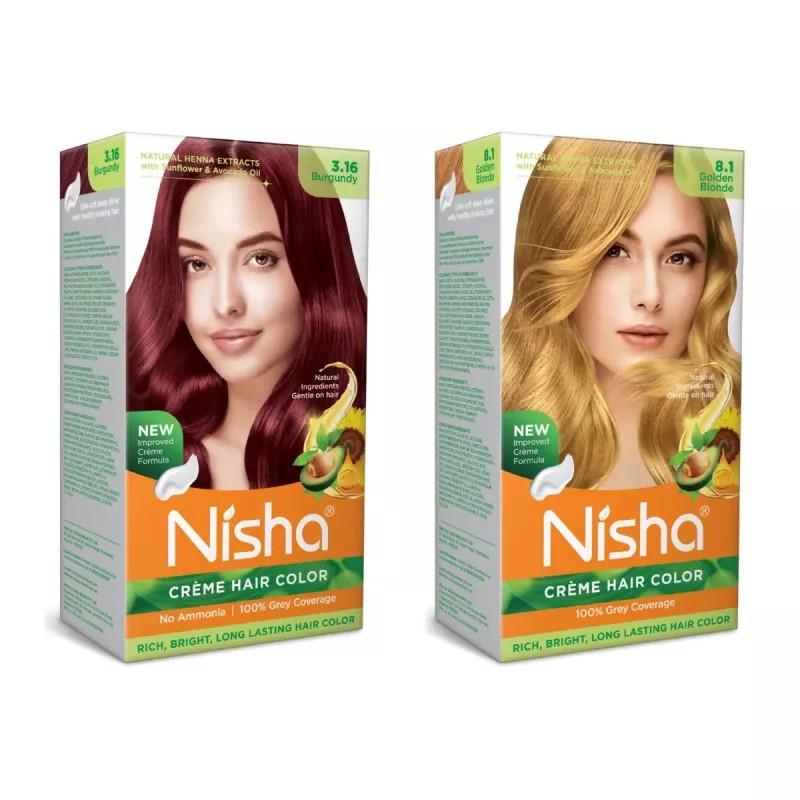 Nisha Creme Hair Color Combo Burgundy And Golden Blonde (Each (Color Cream 60g + Developer 60 + Conditioner 6ml) (1Pack)