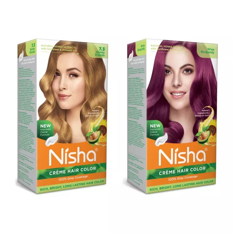 Nisha Creme Hair Color Combo Burgundy And Honey Blonde (Each (Color Cream 60g + Developer 60 + Conditioner 6ml) (1Pack)