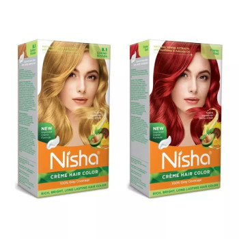 Nisha Creme Hair Color Combo Golden Blonde And Flame Red (Each (Color Cream 60g + Developer 60 + Conditioner 6ml) (1Pack)