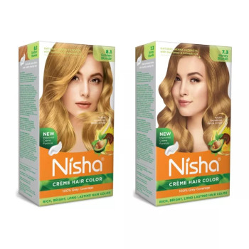 Nisha Creme Hair Color Combo Golden Blonde And Honey Blonde (Each (Color Cream 60g + Developer 60 + Conditioner 6ml) (1Pack)