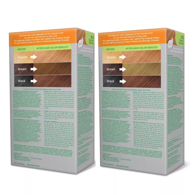 Nisha Creme Hair Color Combo Golden Blonde And Honey Blonde (Each (Color Cream 60g + Developer 60 + Conditioner 6ml) (1Pack)