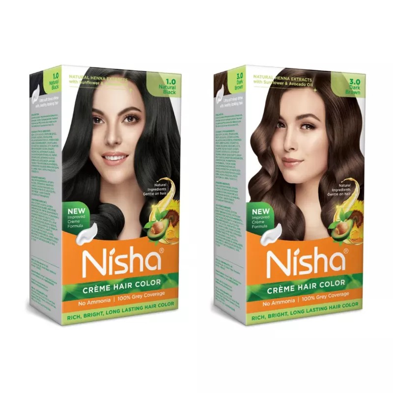 Nisha Creme Hair Color Combo Natural Black And Dark Brown (Each (Color Cream 60g + Developer 60 + Conditioner 6ml) (1Pack)