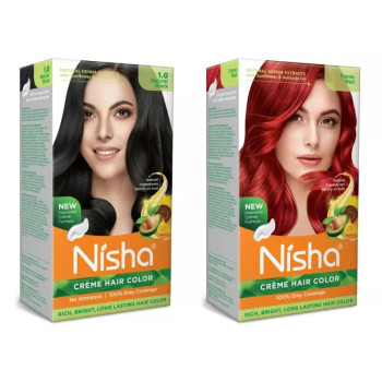 Nisha Creme Hair Color Combo Natural Black And Flame Red (Each (Color Cream 60g + Developer 60 + Conditioner 6ml) (1Pack)