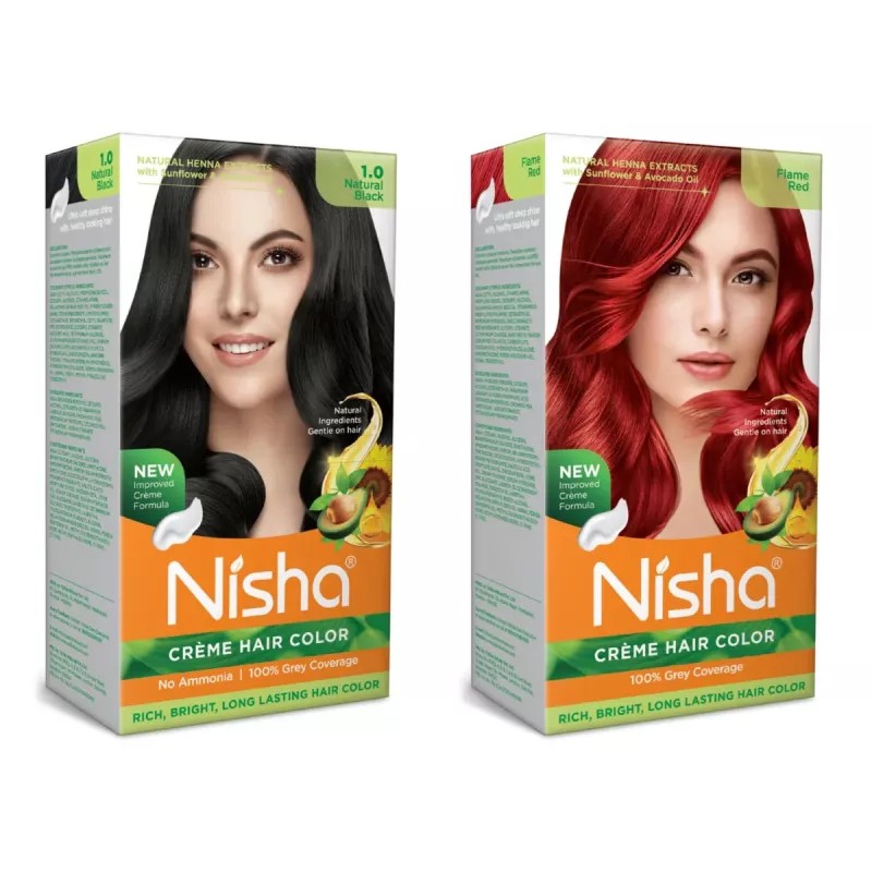 Nisha Creme Hair Color Combo Natural Black And Flame Red (Each (Color Cream 60g + Developer 60 + Conditioner 6ml) (1Pack)