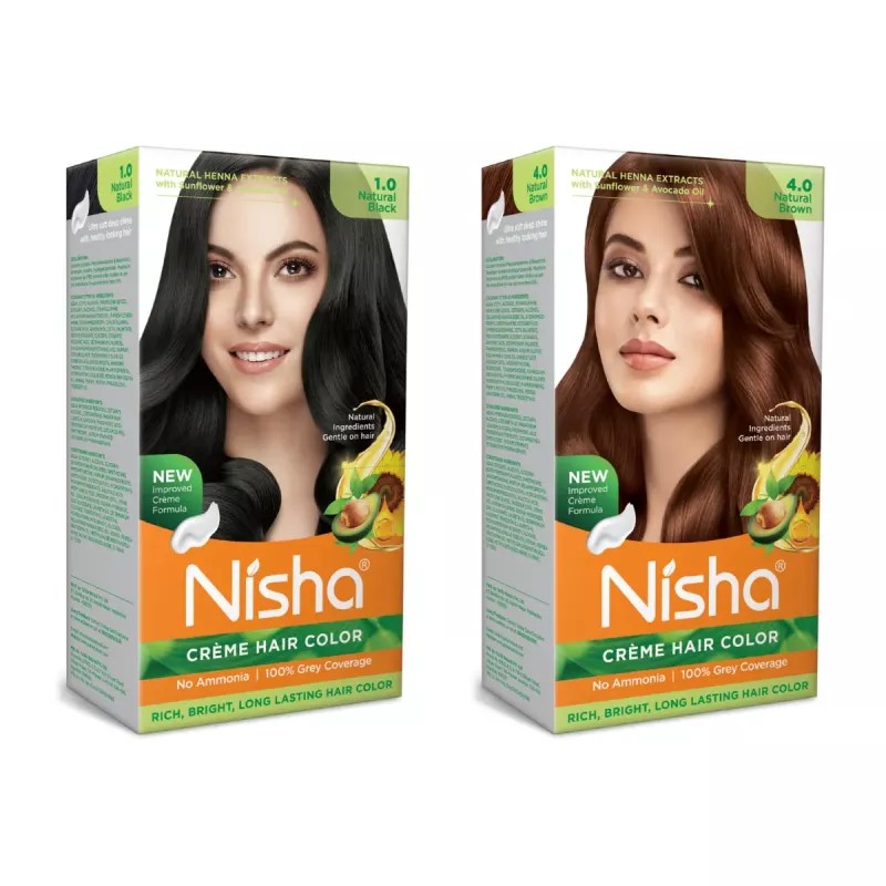 Nisha Creme Hair Color Combo Natural Black And Natural Brown (Each (Color Cream 60g + Developer 60 + Conditioner 6ml) (1Pack)
