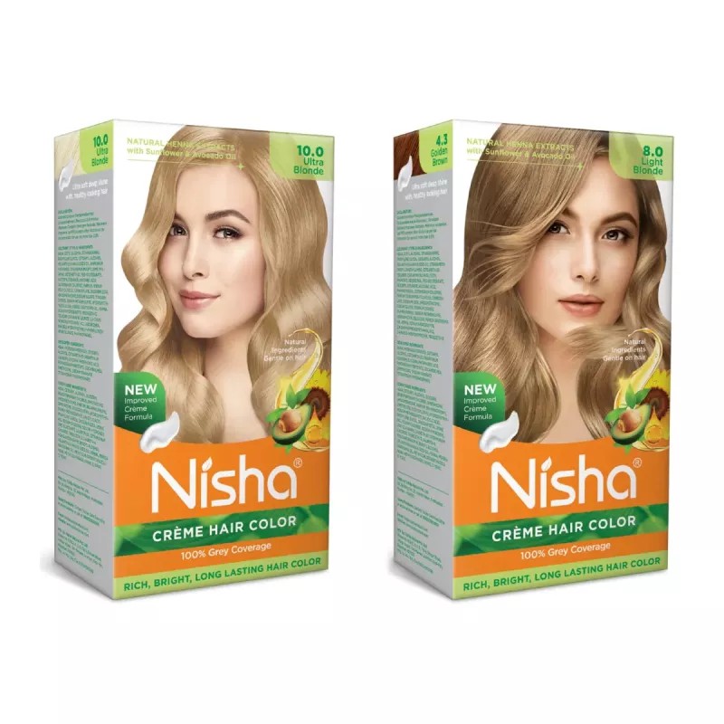 Nisha Creme Hair Color Combo Ultra Blonde And Light Blonde (Each (Color Cream 60g + Developer 60 + Conditioner 6ml) (1Pack)