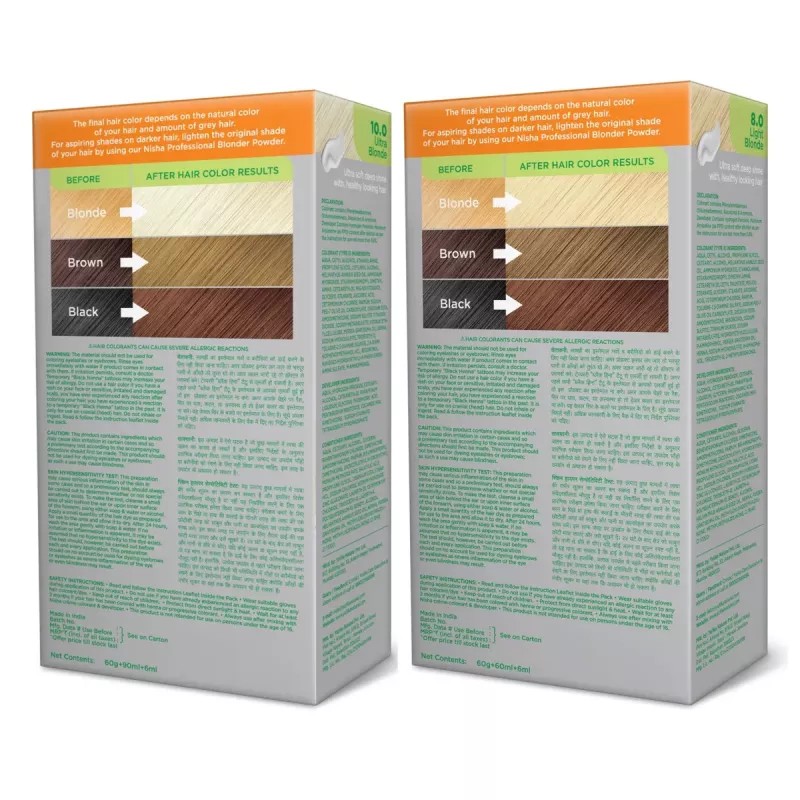 Nisha Creme Hair Color Combo Ultra Blonde And Light Blonde (Each (Color Cream 60g + Developer 60 + Conditioner 6ml) (1Pack)