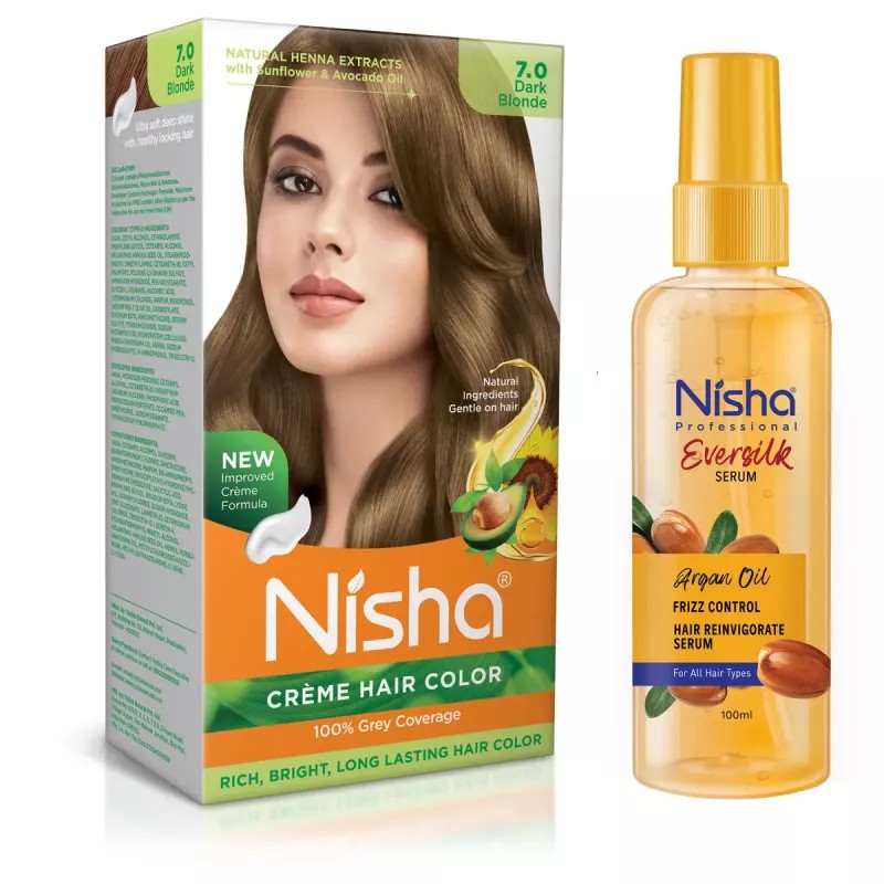 Nisha Creme Hair Color Dark Blonde And Argan Oil Hair Serum (Hair Color Developer 60g + Colorant 60ml + Conditioner 6ml) + 100ml Serum) (1Pack)