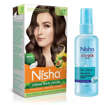 Nisha Creme Hair Color Dark Brown And Pro Vitamin Hair Serum (Hair Color Developer 60g + Colorant 60ml + Conditioner 6ml) + 100ml Serum) (1Pack)
