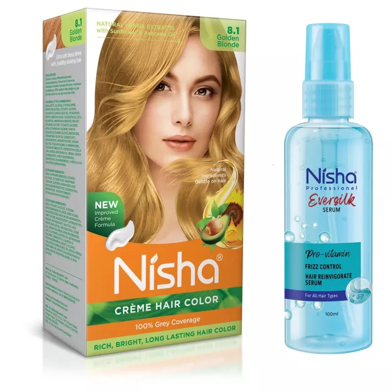 Nisha Creme Hair Color Golden Blonde And Pro Vitamin Hair Serum (Hair Color Developer 60g + Colorant 60ml + Conditioner 6ml) + 100ml Serum) (1Pack)
