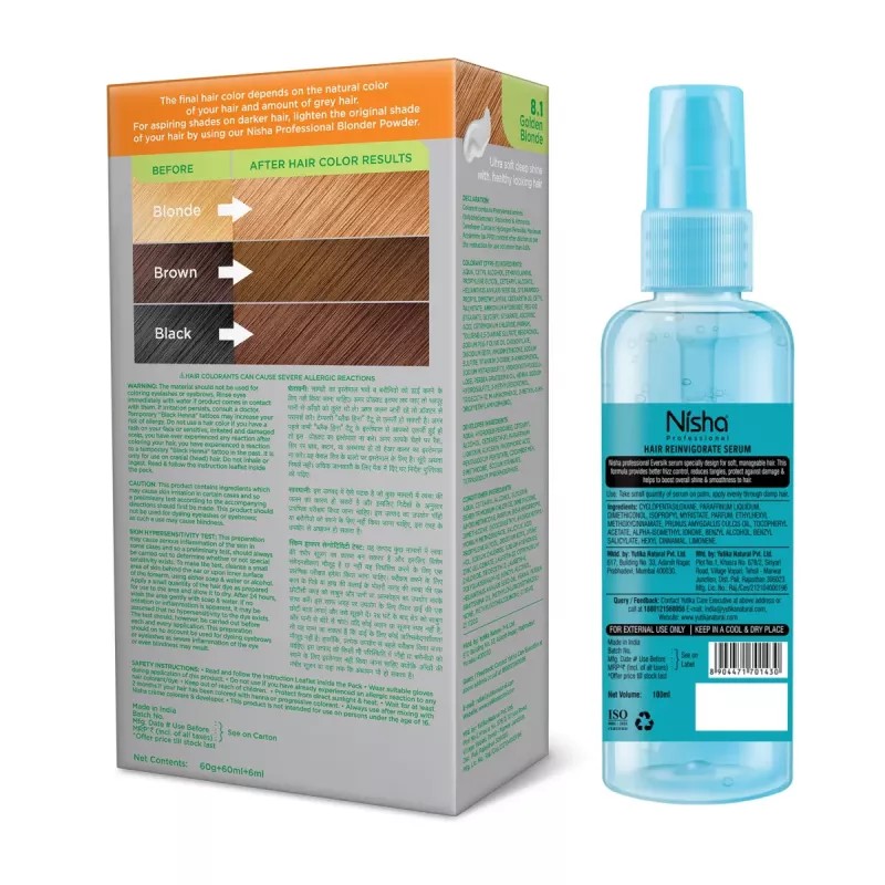 Nisha Creme Hair Color Golden Blonde And Pro Vitamin Hair Serum (Hair Color Developer 60g + Colorant 60ml + Conditioner 6ml) + 100ml Serum) (1Pack)
