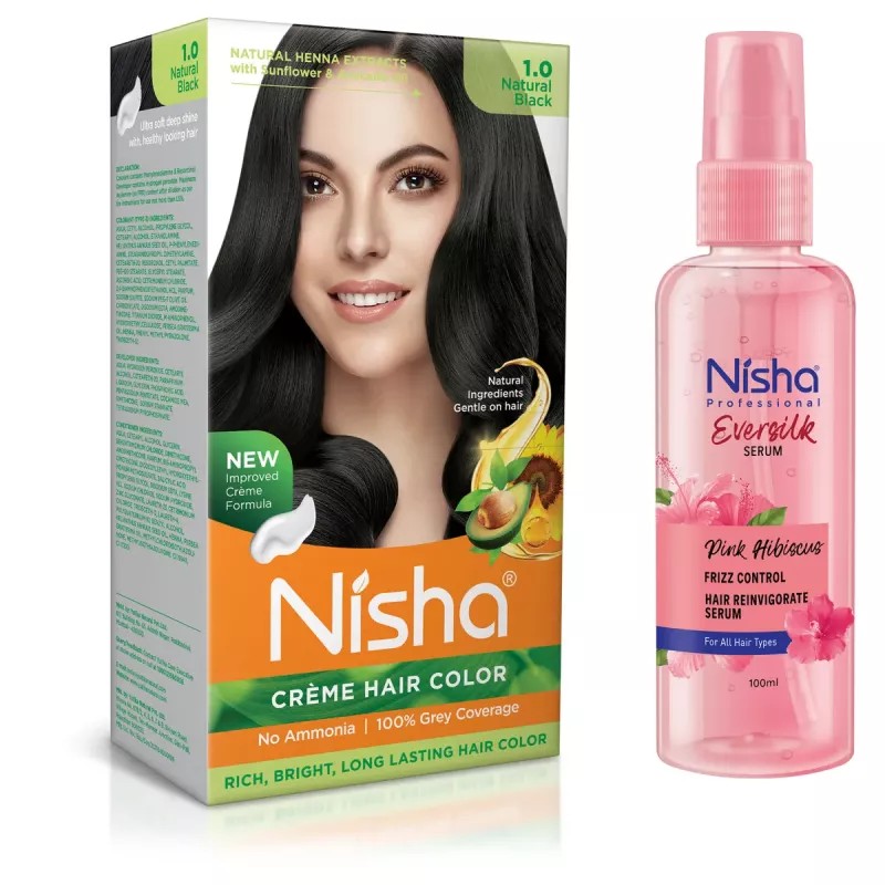 Nisha Creme Hair Color Natural Black And Pink Hibiscus Hair Serum (Hair Color Developer 60g + Colorant 60ml + Conditioner 6ml) + 100ml Serum) (1Pack)