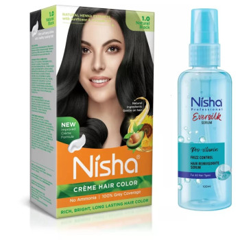 Nisha Creme Hair Color Natural Black And Pro Vitamin Hair Serum (Hair Color Developer 60g + Colorant 60ml + Conditioner 6ml) + 100ml Serum) (1Pack)