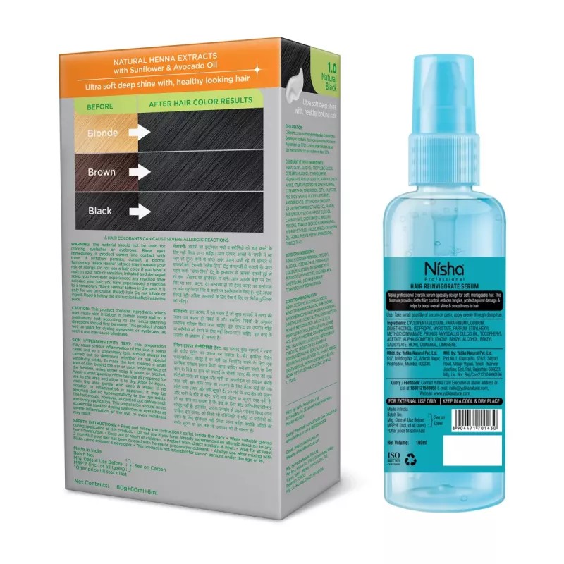 Nisha Creme Hair Color Natural Black And Pro Vitamin Hair Serum (Hair Color Developer 60g + Colorant 60ml + Conditioner 6ml) + 100ml Serum) (1Pack)