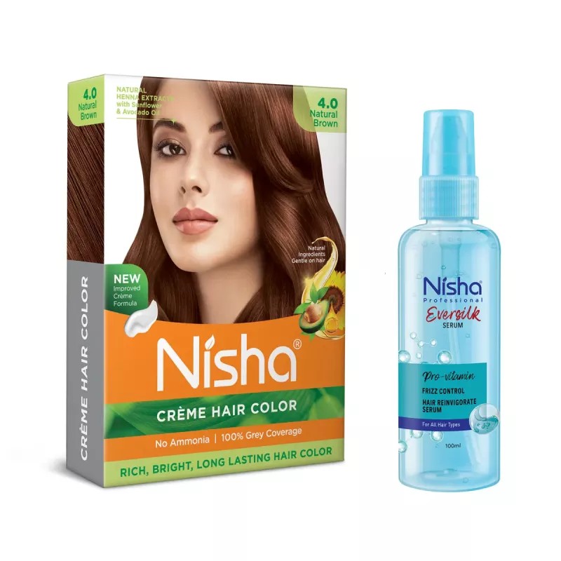 Nisha Creme Hair Color Natural Brown And Pro Vitamin Hair Serum (Hair Color Developer 20g + Colorant 20ml) + 100ml Serum) (1Pack)