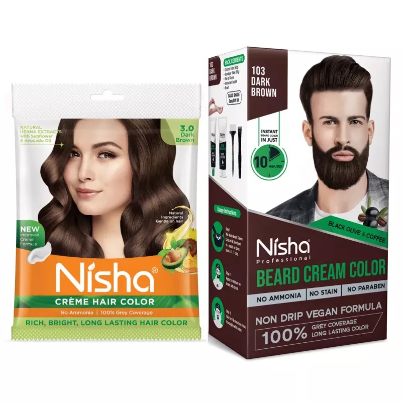 Nisha Creme Hair Colour And Beard Colour Dark Brown Combo (Hair Color Developer 20g + Colorant 20ml) (Beard Color Developer 60g + Colorant 60ml) (1Pack)