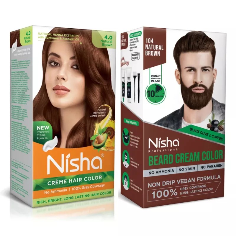 Nisha Creme Hair Colour And Beard Colour Natural Brown Combo (Hair Color Developer 60g + Colorant 60ml + Conditioner 6ml) (Beard Color Developer 60g + Colorant 60ml) (1Pack)