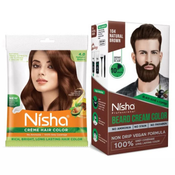 Nisha Creme Hair Colour And Beard Colour Natural Brown Combo (Hair Color Developer 20g + Colorant 20ml) (Beard Color Developer 60g + Colorant 60ml) (1Pack)