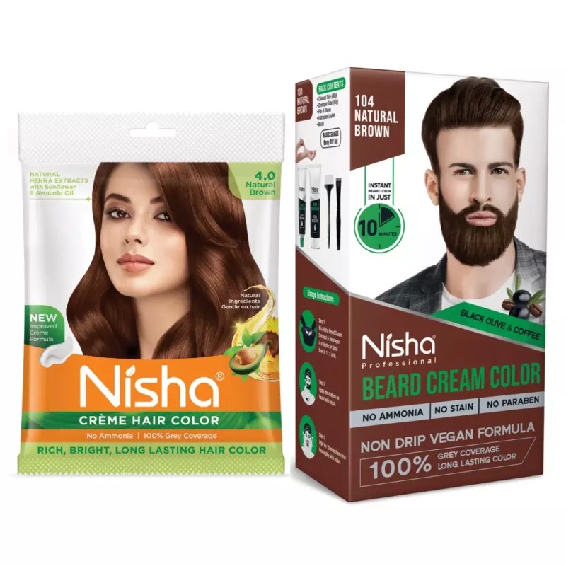 Nisha Creme Hair Colour And Beard Colour Natural Brown Combo (Hair Color Developer 20g + Colorant 20ml) (Beard Color Developer 60g + Colorant 60ml) (1Pack)