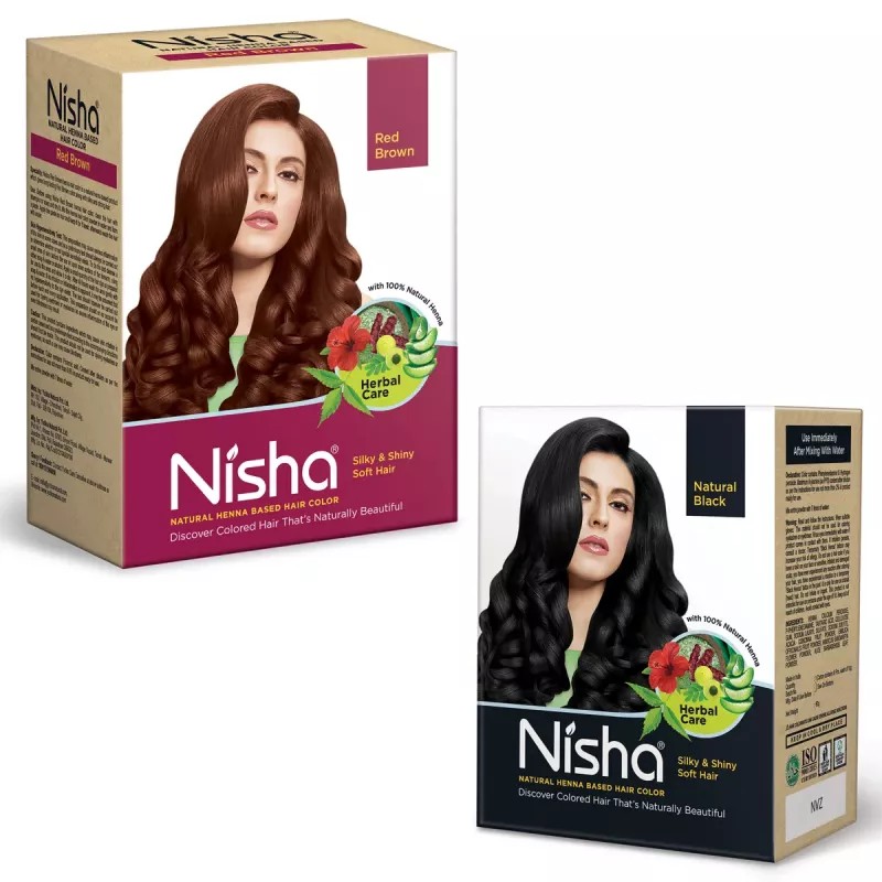 Nisha Henna Based Hair Color Natural Black And Red Brown Combo (Natural Black 1 Carton Contain 6 N Each 10g + Red Brown 1 Carton Contain 6 N Each 15g) (1Pack)