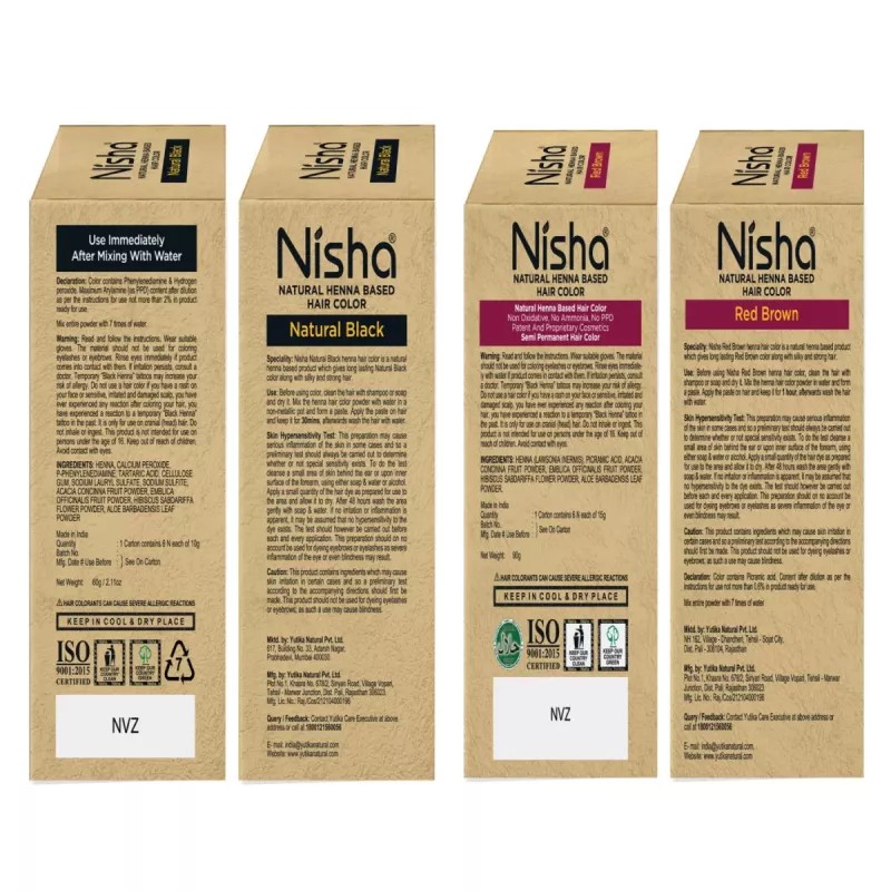 Nisha Henna Based Hair Color Natural Black And Red Brown Combo (Natural Black 1 Carton Contain 6 N Each 10g + Red Brown 1 Carton Contain 6 N Each 15g) (1Pack)
