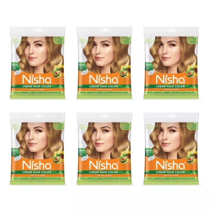 Nisha Creme Hair Color 7.3 Honey Blonde (Pouch Pack) (Colorant 20ml + Developer 20g) (1Pack, Pack of 6)
