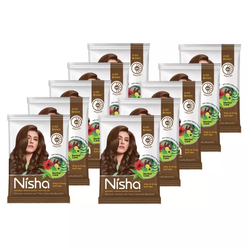 Nisha Henna Based Hair Color Natural Brown Powder (10g, Pack of 10)
