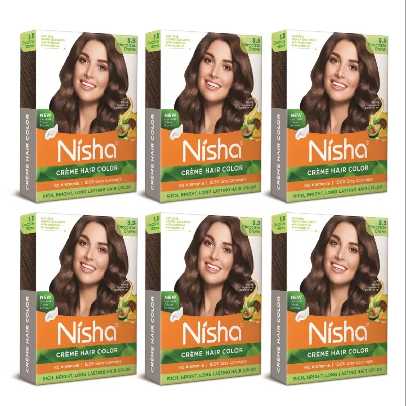 Nisha Creme Hair Color 3.5 Chocolate Brown (Colorant 20g + Developer 20ml) (1Pack, Pack of 6)