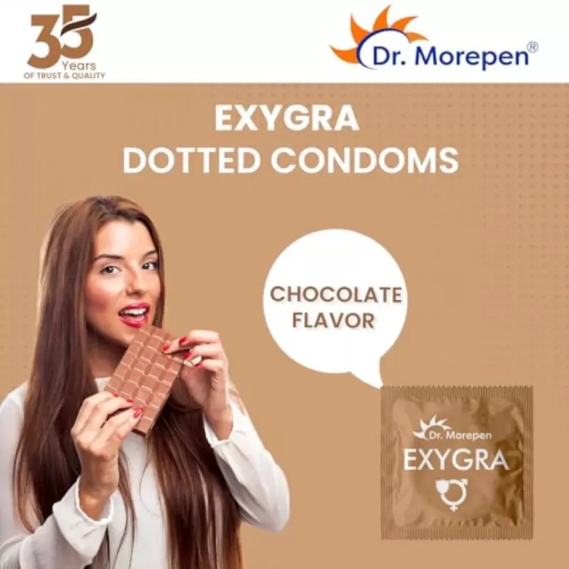 Dr Morepen Exygra Condom Dotted + Exygra Spray (Chocolate, Strawberry And Bubblegum Condom Each 3Pcs + Spray 20Gm Pack Of 2) (1Pack, Pack of 5)