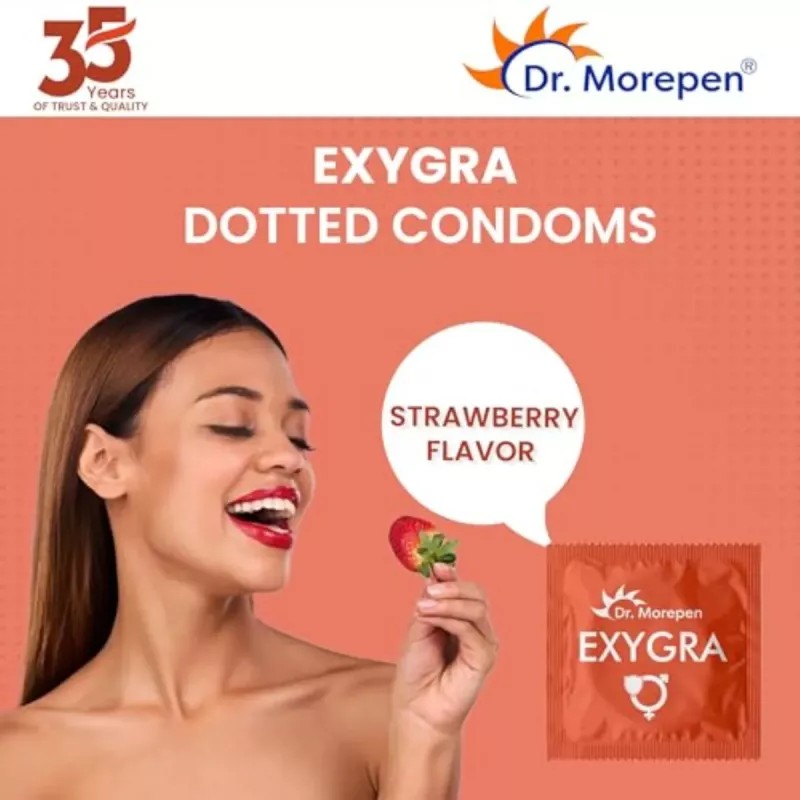 Dr Morepen Exygra Condom Dotted + Exygra Spray (Chocolate, Strawberry And Bubblegum Condom Each 3Pcs + Spray 20Gm Pack Of 2) (1Pack, Pack of 5)