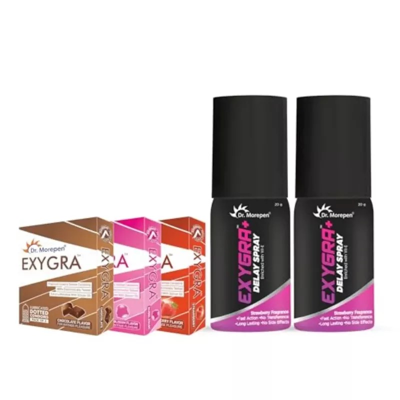 Dr Morepen Exygra Condom Dotted + Exygra+ Delay Spray (Chocolate, Strawberry And Bubblegum Condom Each 3Pcs + Spray 20Gm Pack Of 2) (1Pack)
