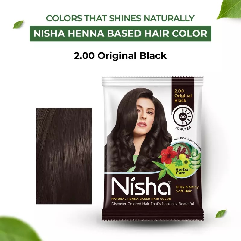 Nisha Henna Based Hair Color Natural Black Powder 2.00 (25g, Pack of 10)