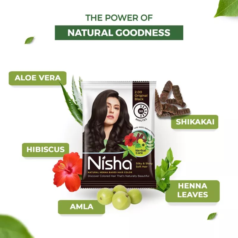 Nisha Henna Based Hair Color Natural Black Powder 2.00 (25g, Pack of 10)